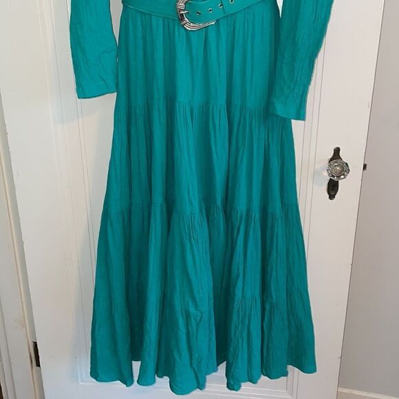 Vtg 80s/90s Lillia Smitty turquoise crinkle cloth layered skirt western dress - Picture 7 of 9